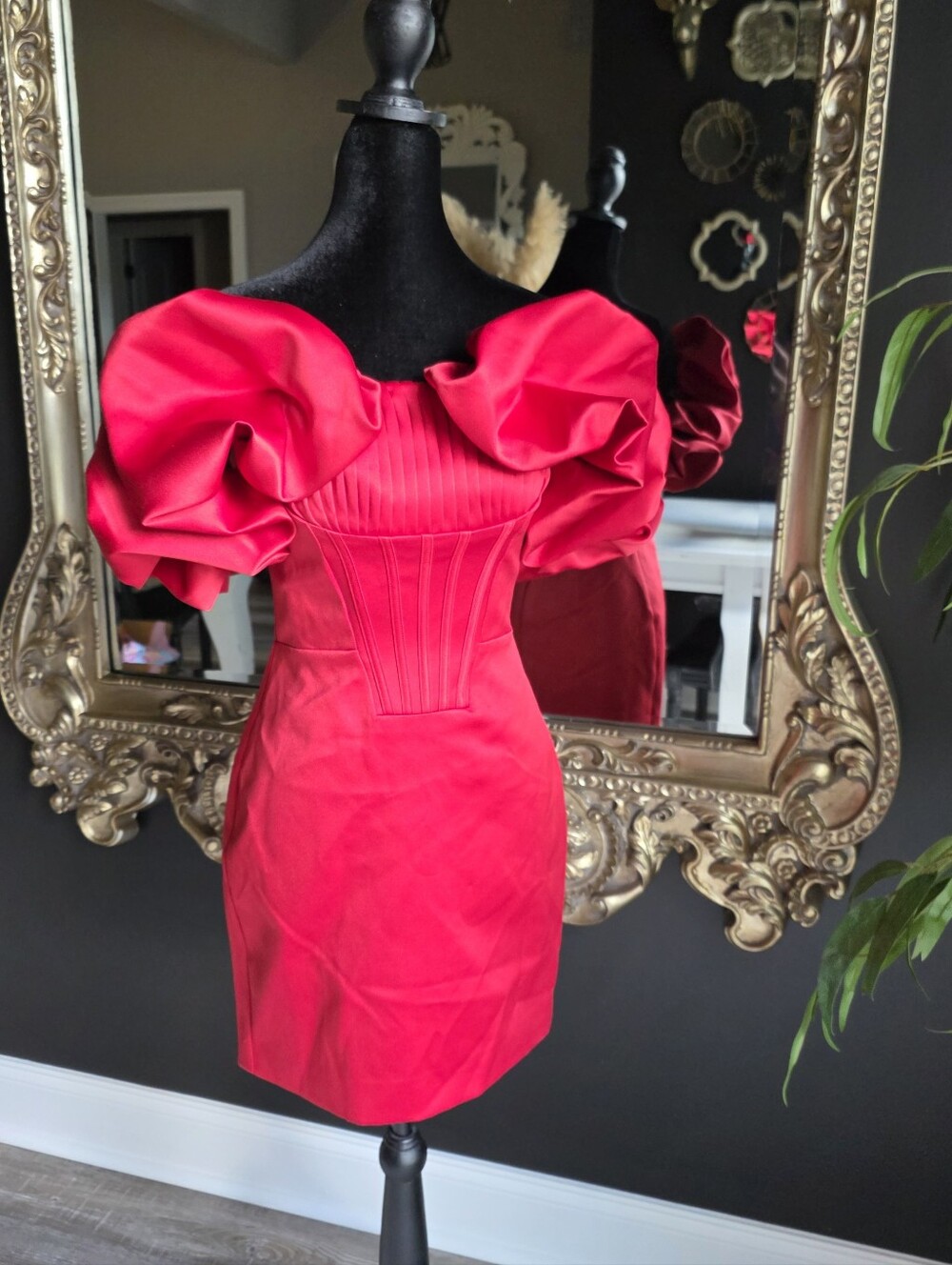 Lavish Alice Red Satin Puff-Sleeve Mini Dress